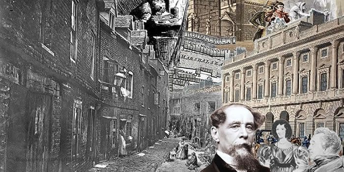 Montage illustrating contemporary scenes and influences on Dickens through his life